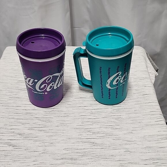2 Rare Vintage Coke Coca-Cola Teal and Purple Travel Mug Thermal 90's  - Picture 1 of 4